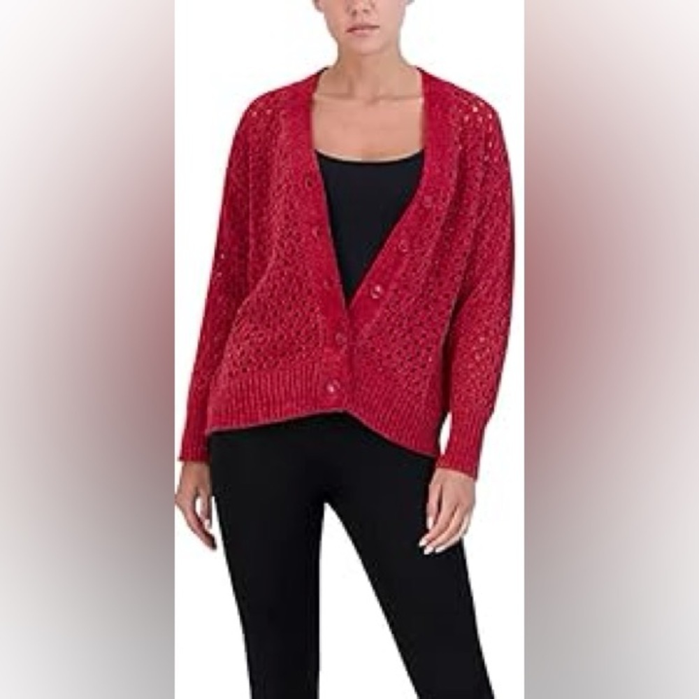 BCBGMAXAZRIA Women's Relaxed Open Knit Red Chenille Cardigan Button Sweater